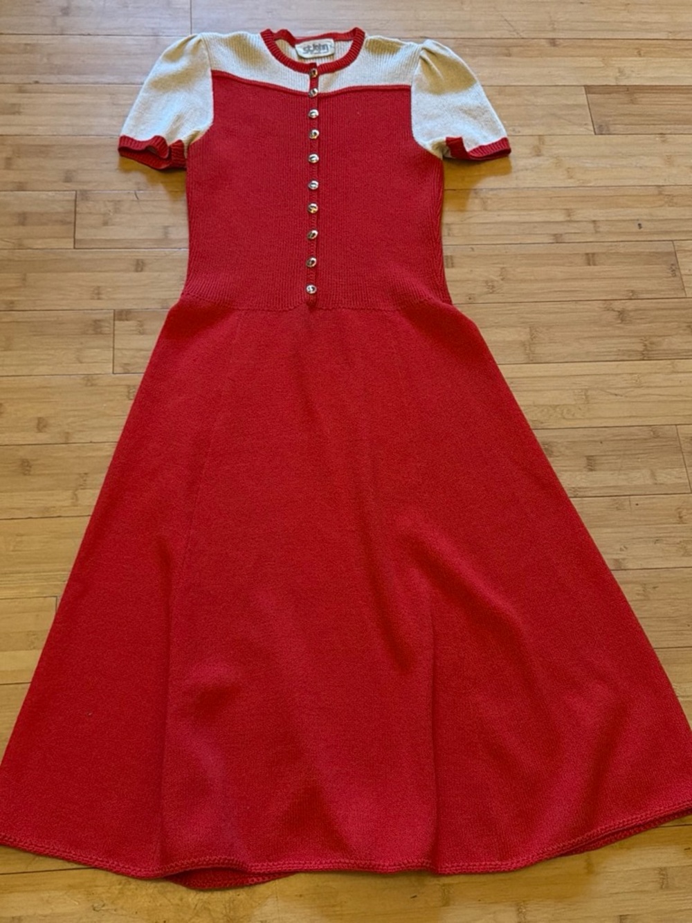 Vintage St. John Red and Cream Knit Midi Dress with Button Front